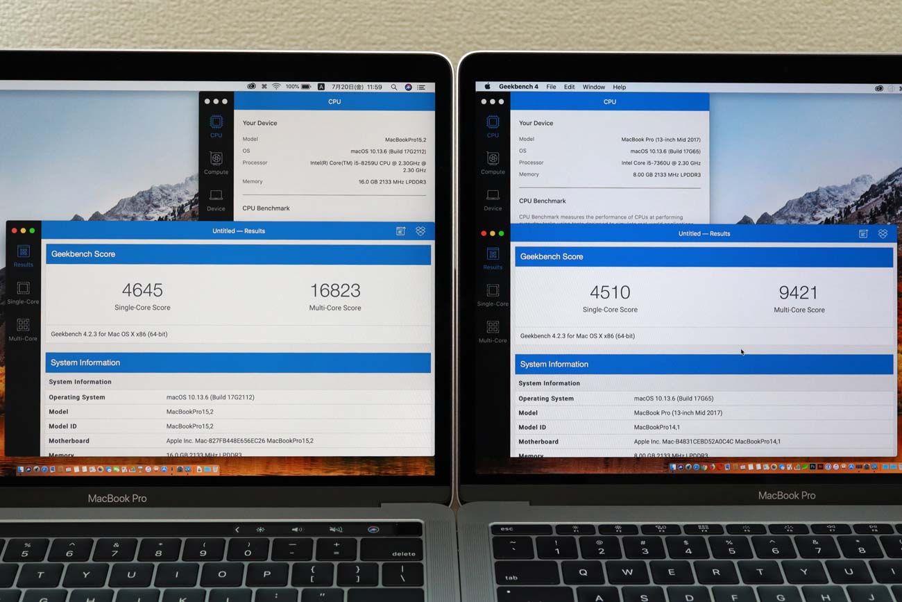 MacBook Pro 13インチ(2018)・(2017)のCPU比較