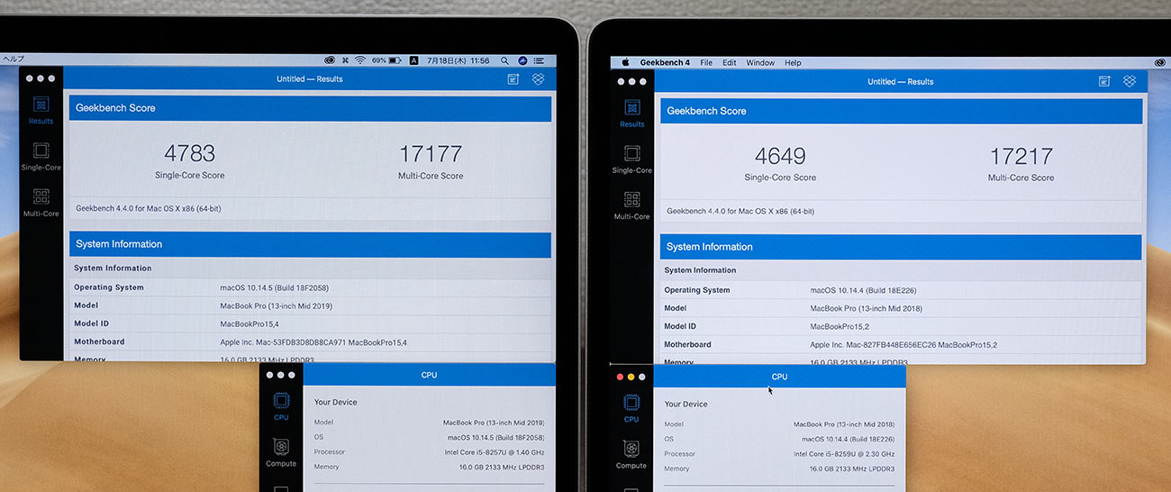 MacBook Pro 13インチ(2019)CPUの性能比較