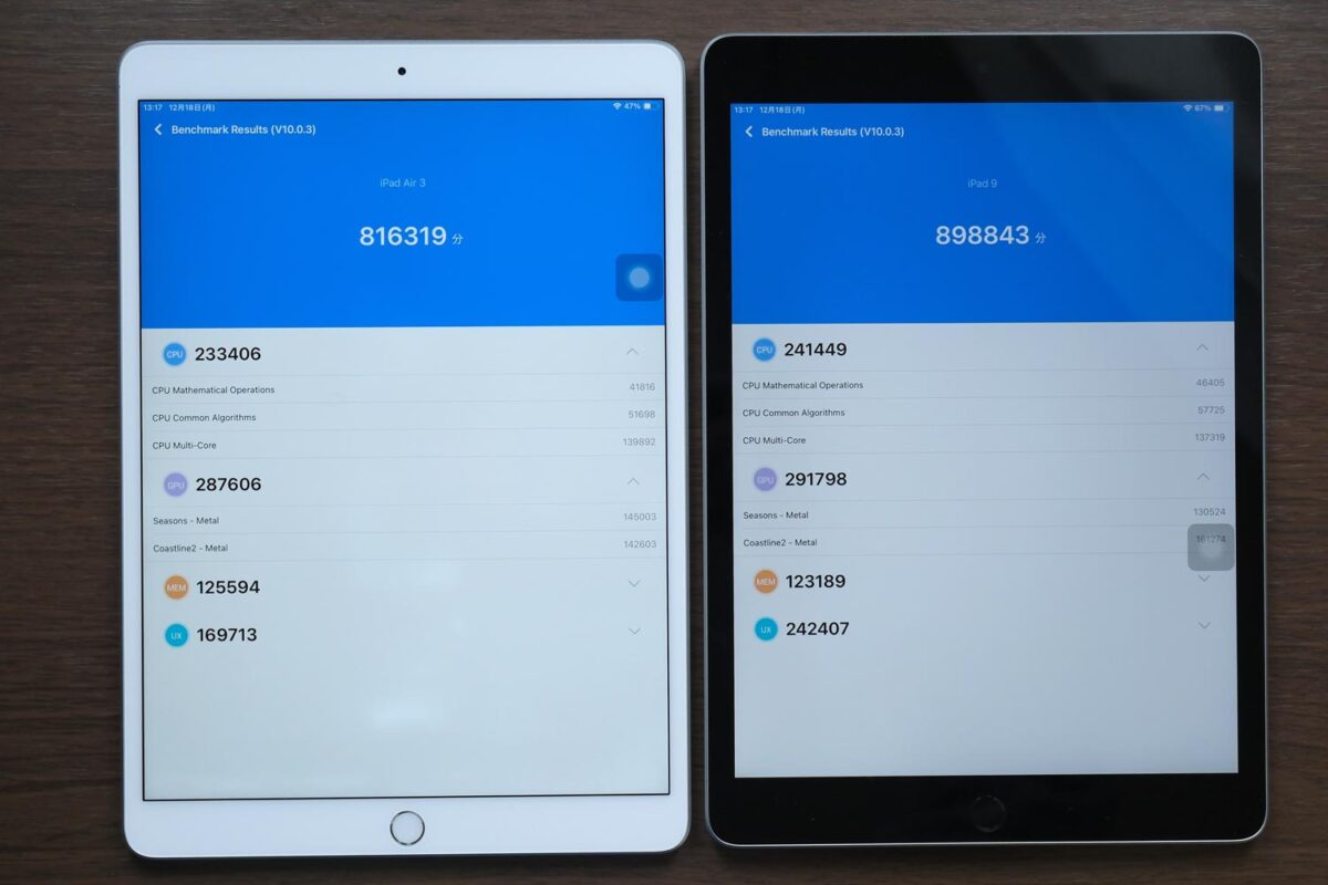 iPad Air 3 vs iPad 9 Antutuスコア