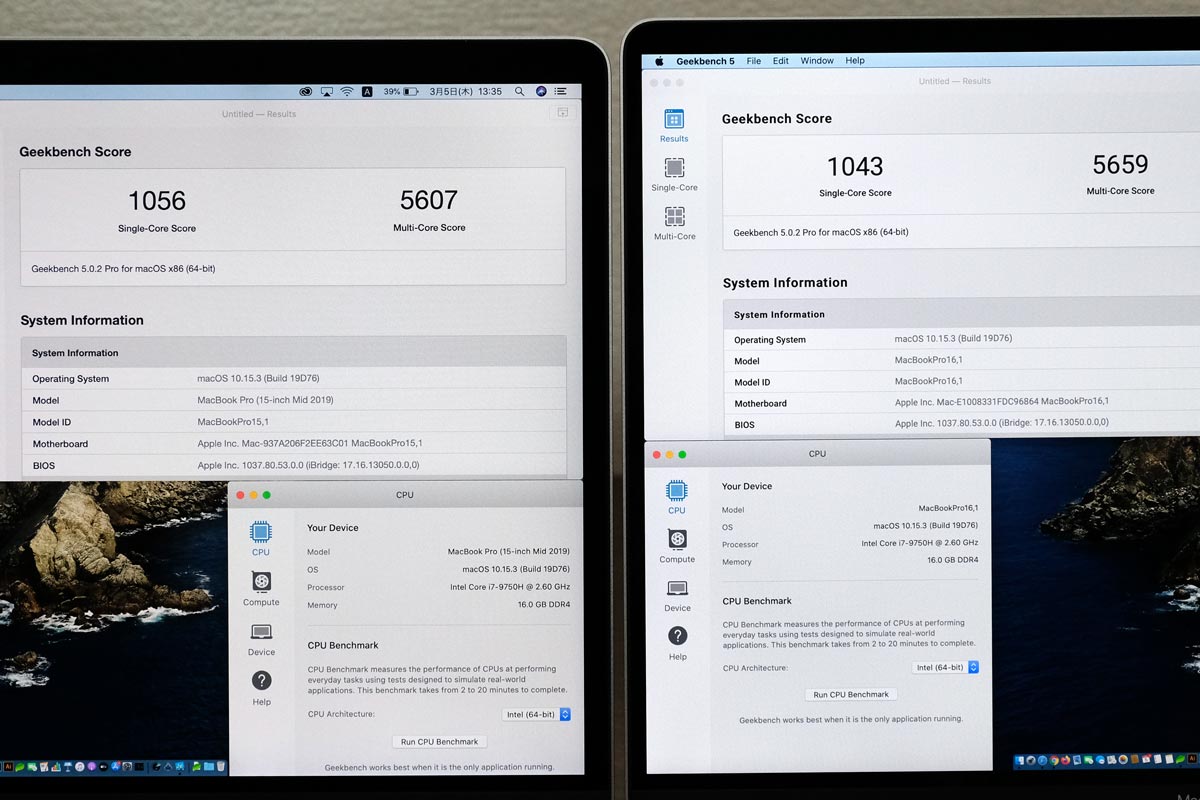 MacBook Pro 15インチ・16インチ CPUの性能比較