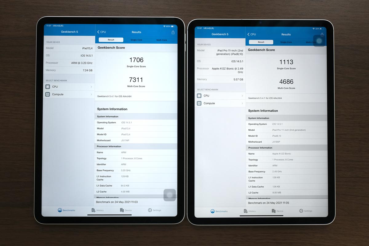 iPad Pro 11インチ M1 vs A14Z Geekbench 5