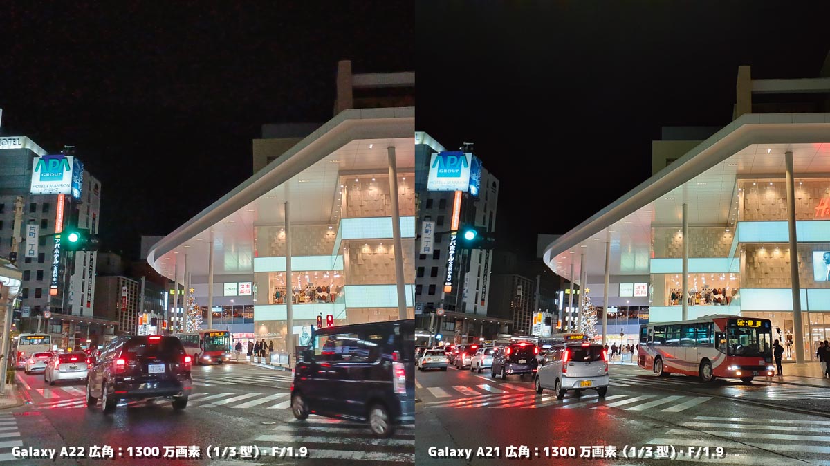 Galaxy A22・Galaxy A21 画質比較(夜間撮影)