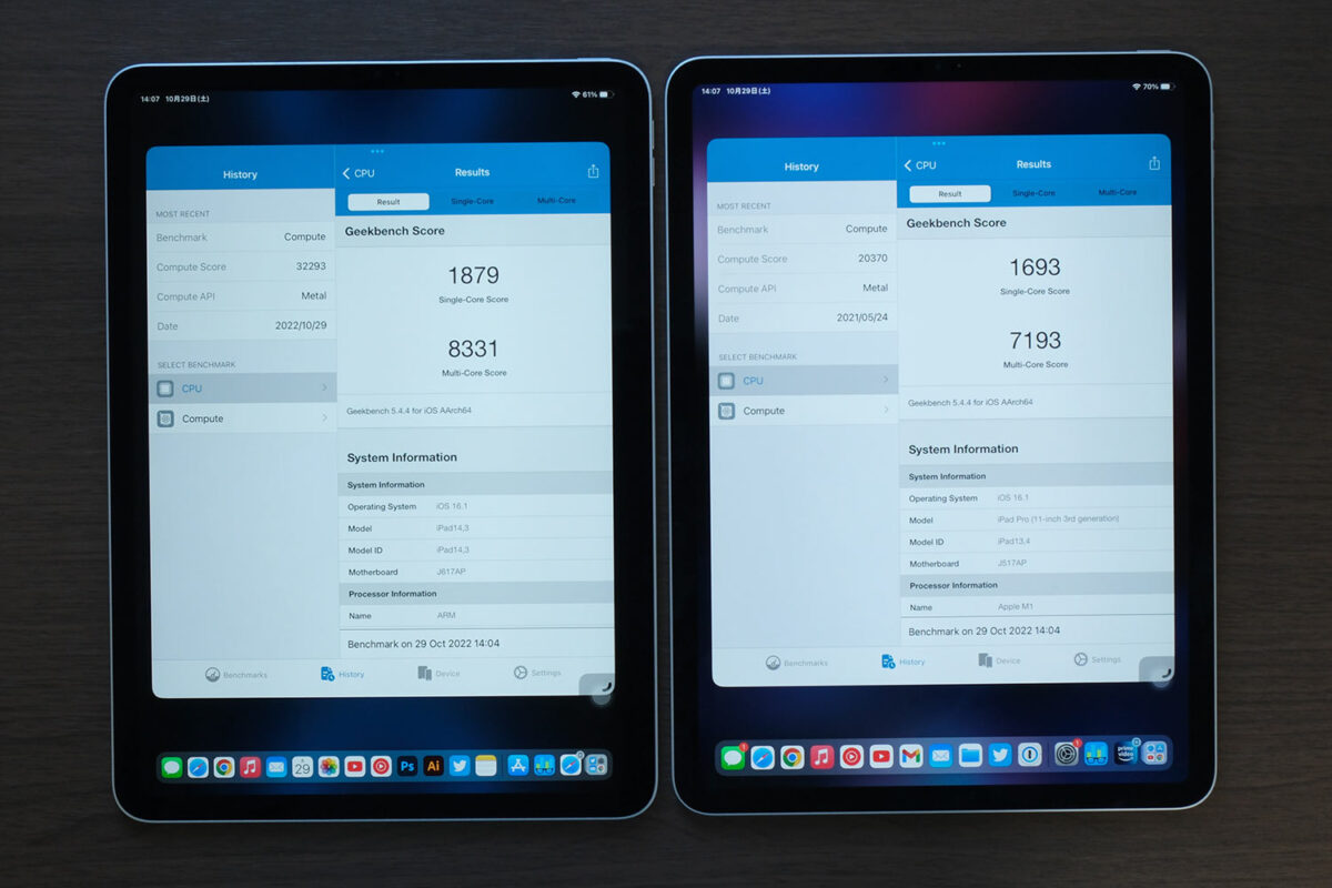 iPad Pro 11(第4世代)と(第3世代) Geekbench 5 ベンチマークスコア