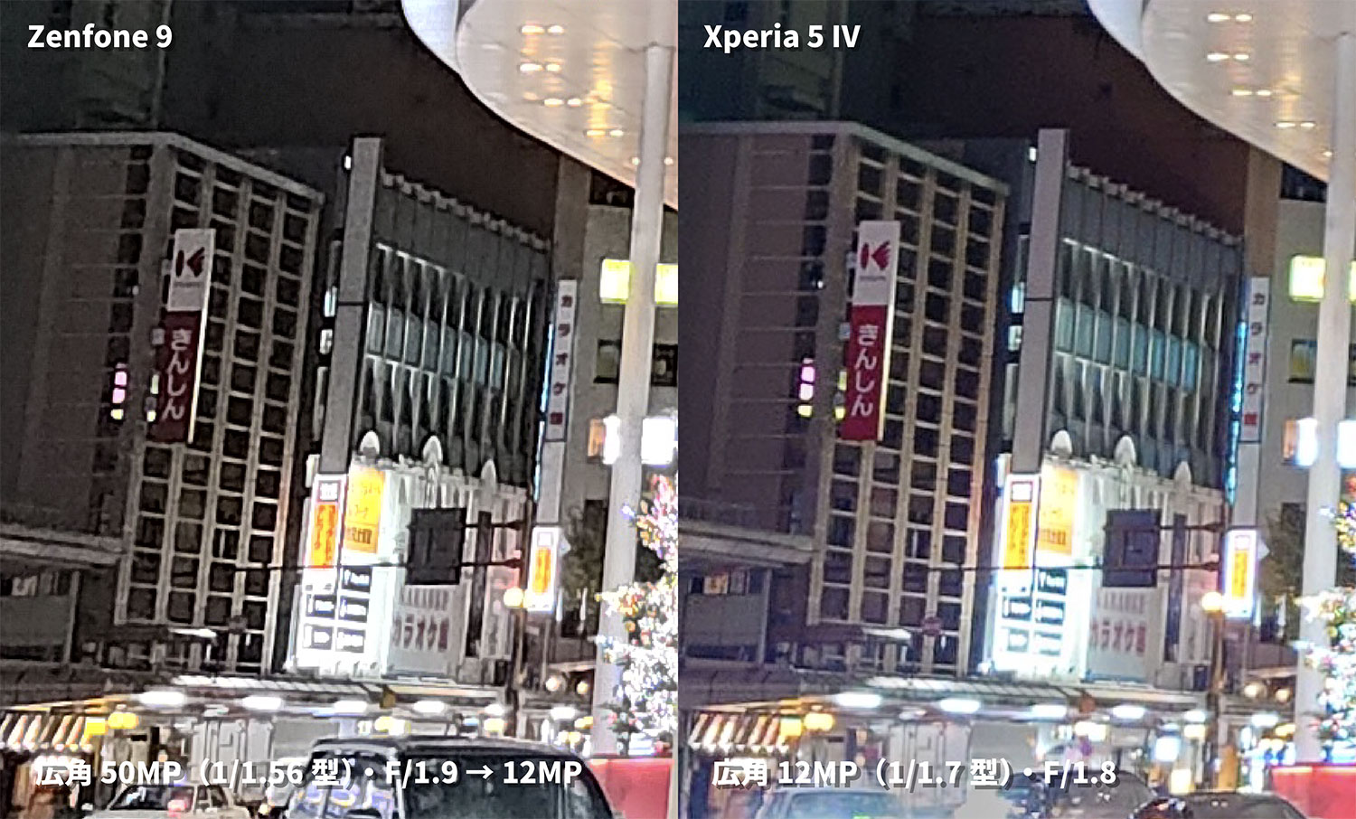 Zenfone 9・Xperia 5 IV 広角カメラの画質を比較(夜間)