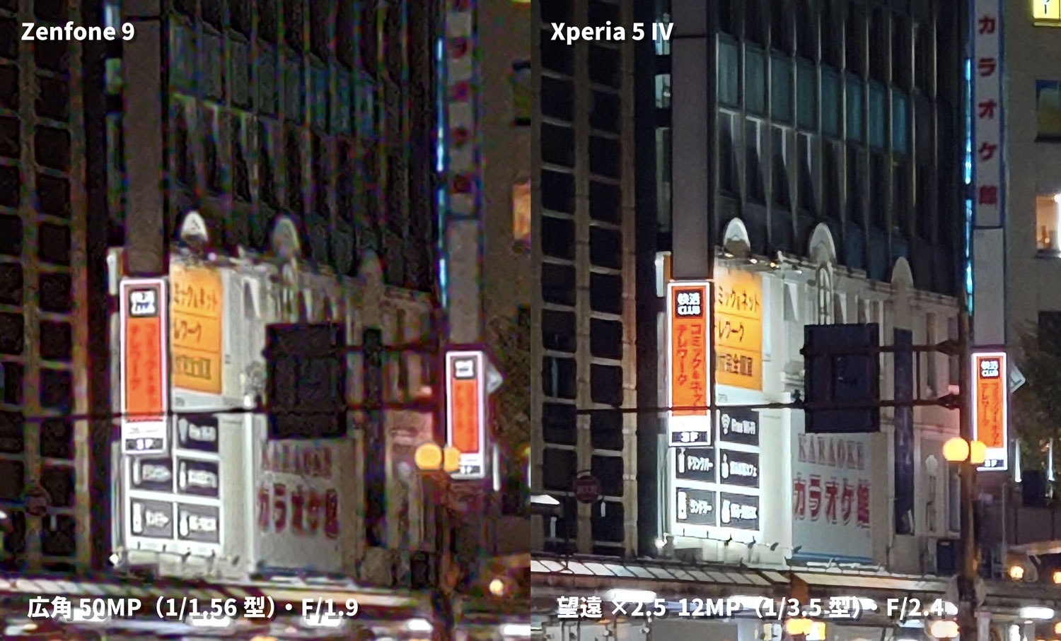 Zenfone 9・Xperia 5 IV 望遠画角の画質を比較(夜間)