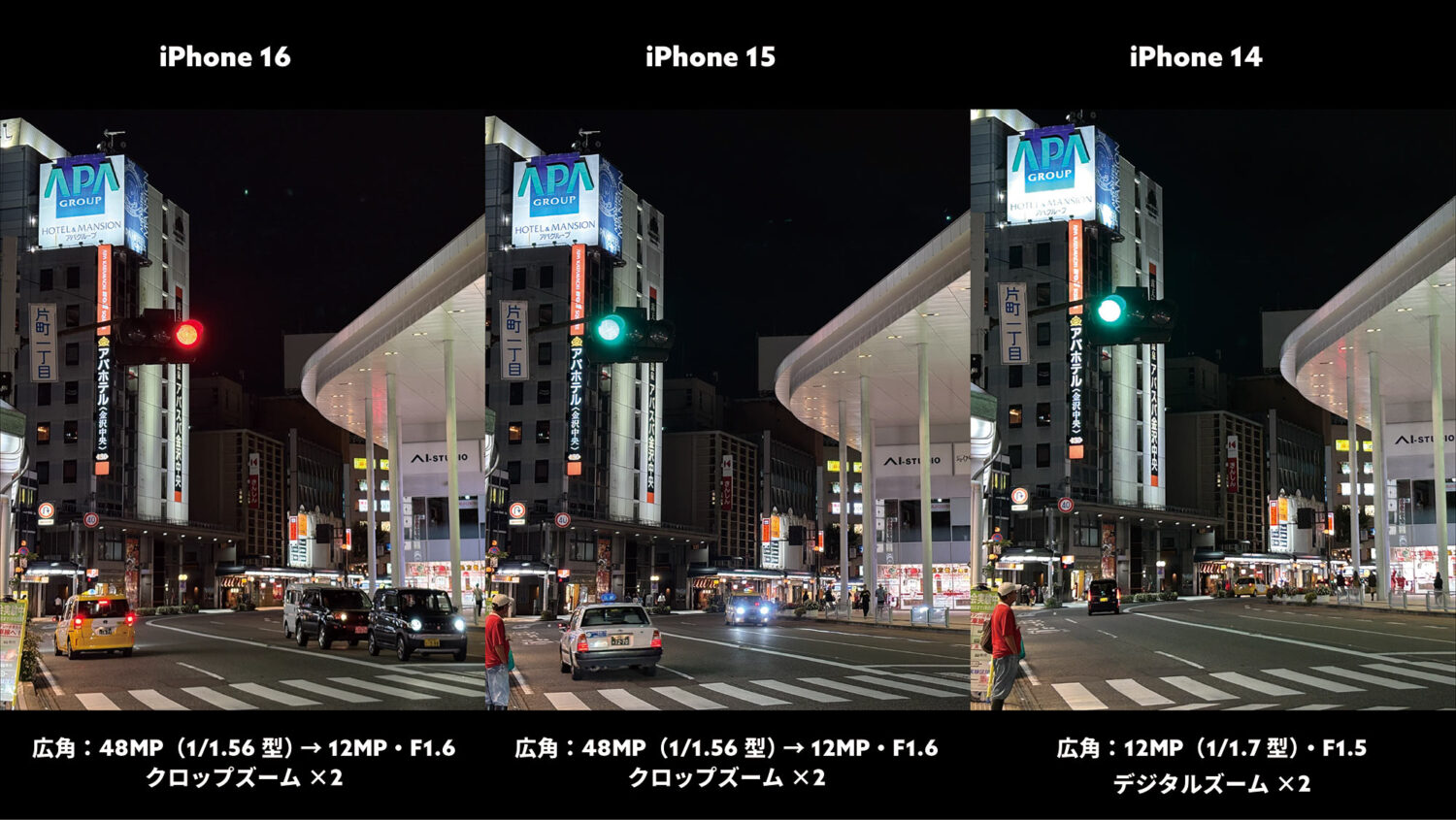 iPhone 16 / 15 / 14 広角×2(夜の街を撮影)