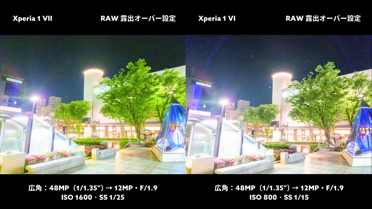 Xperia 1 VII vs 1 VI 広角カメラ:夜RAW撮影(露出オーバー)