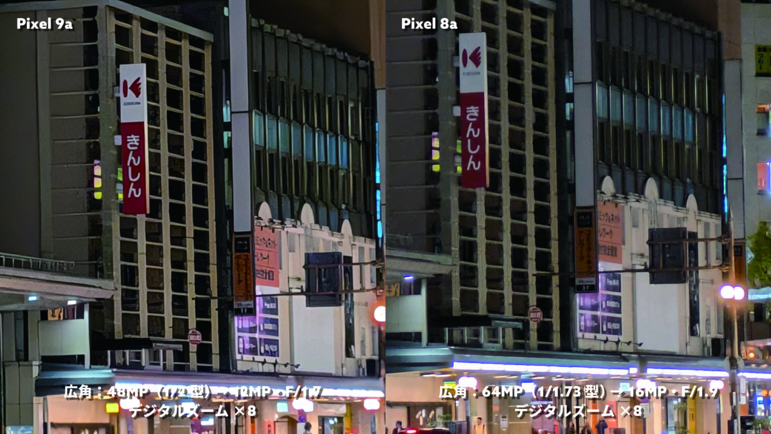 Pixel 9a vs Pixel 8a 広角×8(夜の街)