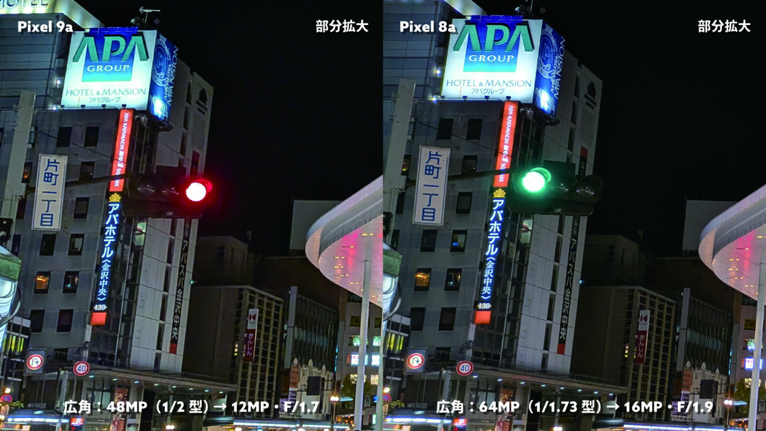 Pixel 9a vs Pixel 8a 広角×1(夜の街)部分拡大