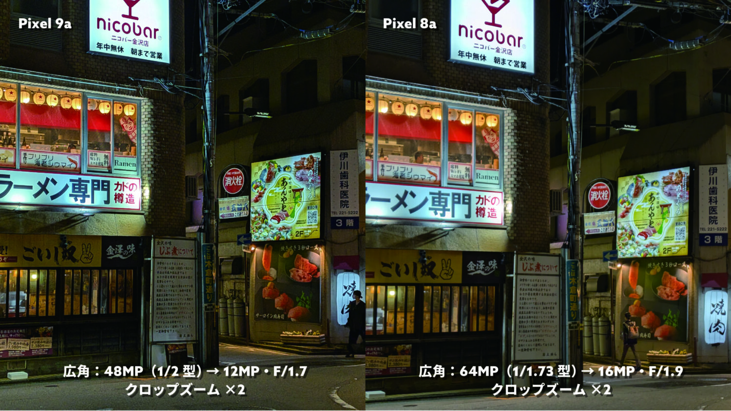 Pixel 9a vs Pixel 8a 広角×2(夜の飲食街)