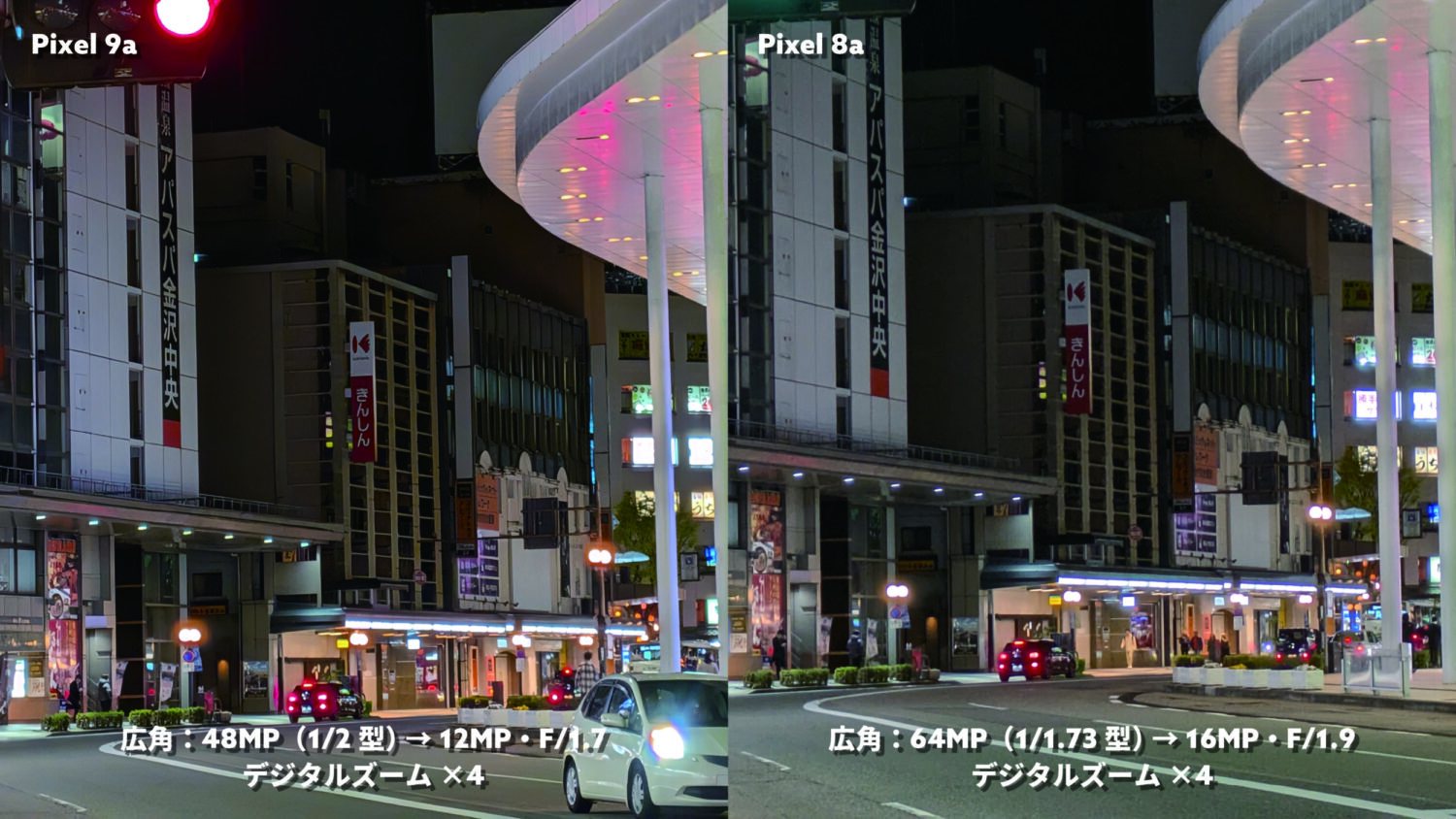Pixel 9a vs Pixel 8a 広角×4(夜の街)