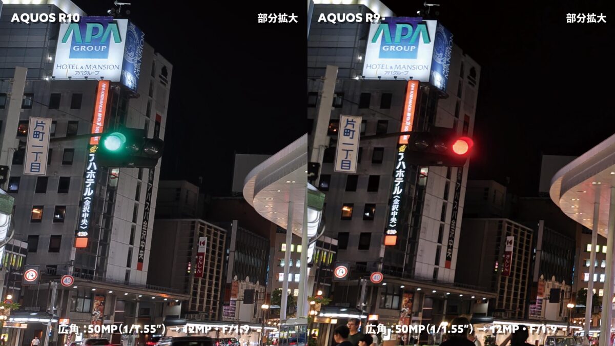 AQUOS R10 vs R9 広角× 1 夜間撮影 スクランブル交差点:部分拡大