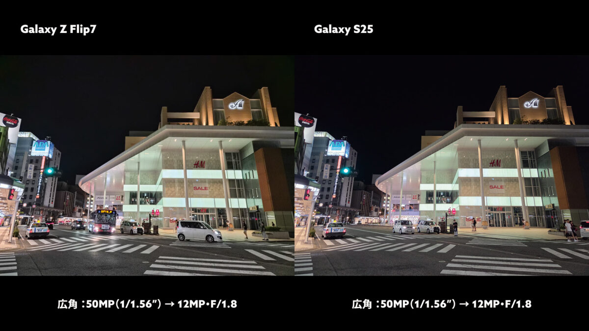 Galaxy Z Flip7 vs S25 広角カメラ 夜の街を撮影
