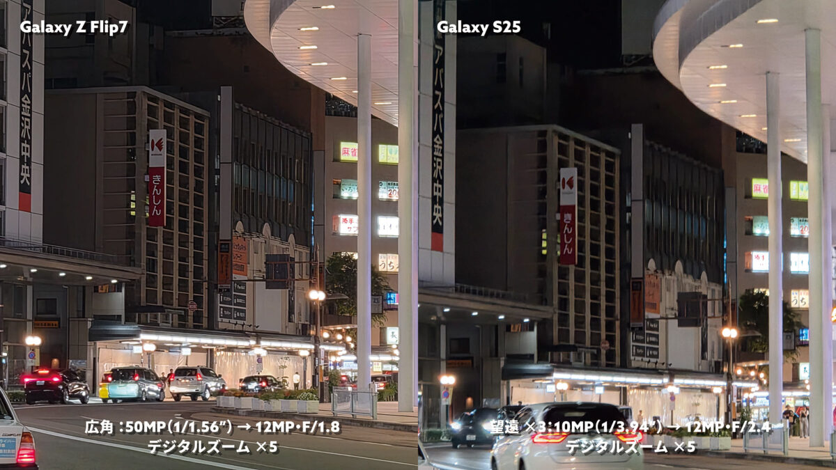 Galaxy Z Flip7 vs S25 望遠×5 夜の街を撮影