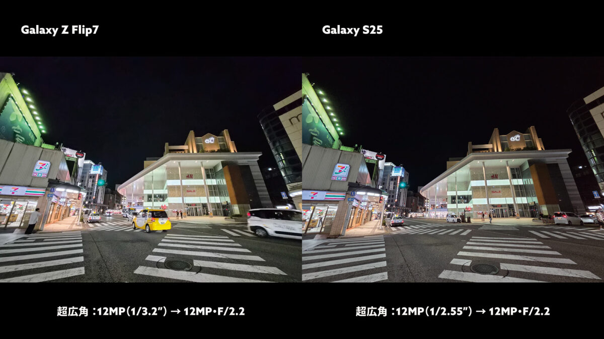 Galaxy Z Flip7 vs S25 超広角 夜の街を撮影