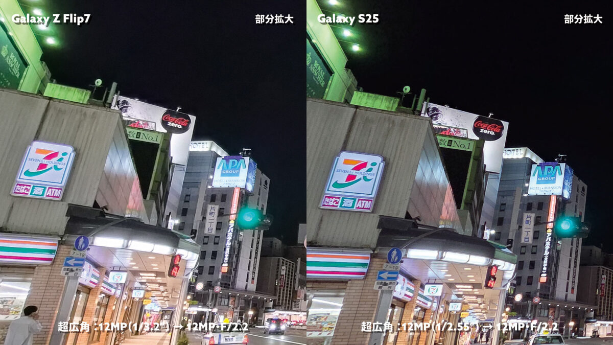 Galaxy Z Flip7 vs S25 超広角 夜の街を撮影(部分拡大)