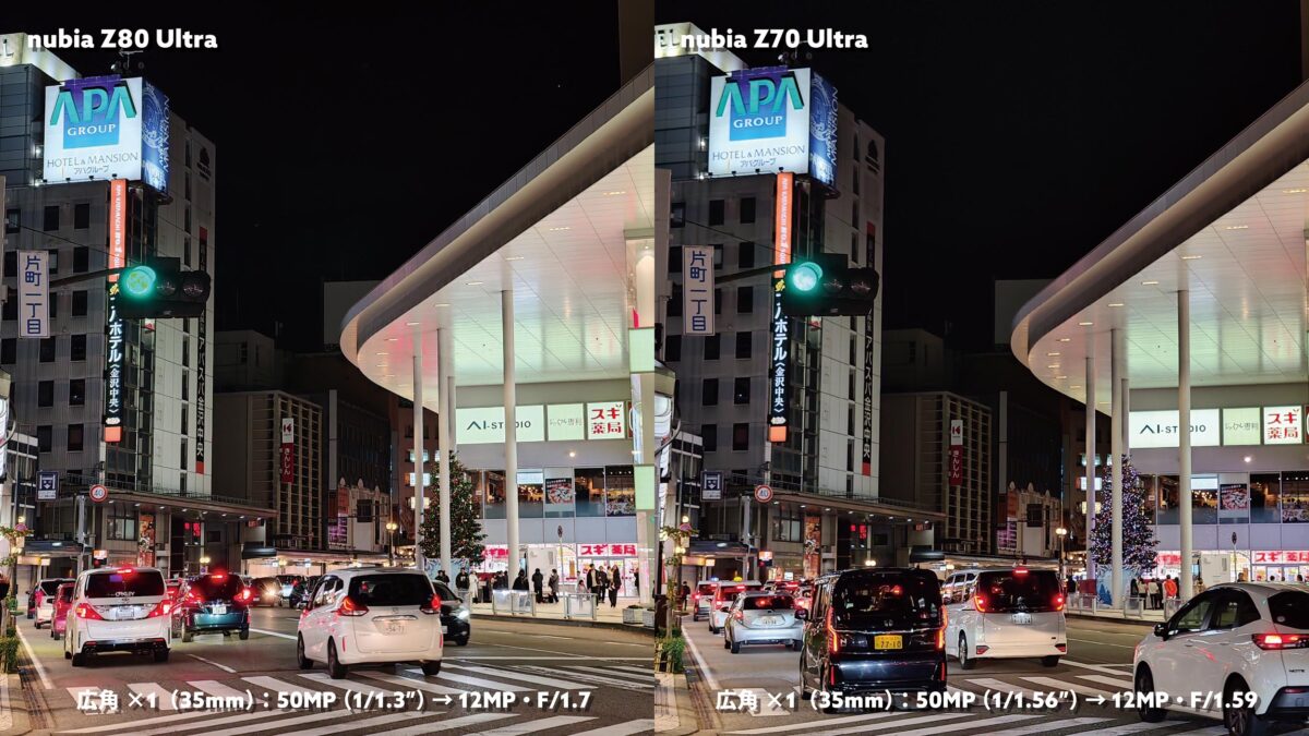 nubia Z80 Ultra vs Z70 Ultra 広角×1 夜の街 画質比較
