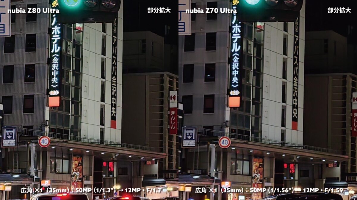 nubia Z80 Ultra vs Z70 Ultra 広角×1 夜の街 画質比較(部分拡大)