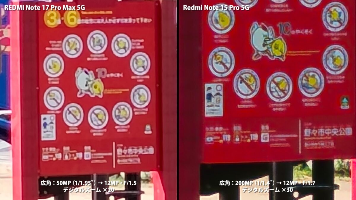 最大ズームの比較（本機20倍・先代30倍）