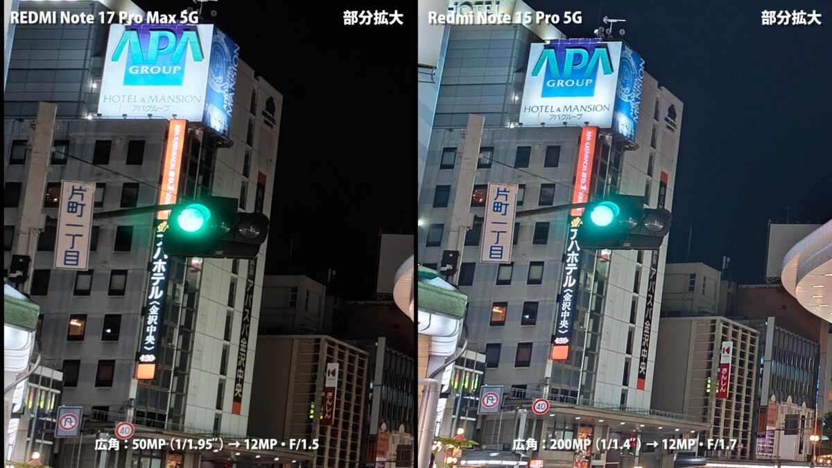 広角の作例比較（暗所・夜景・部分拡大）