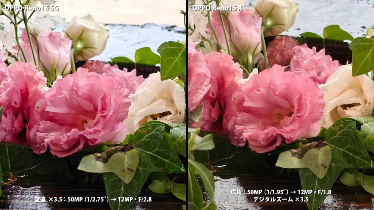 OPPO Reno16 5G OPPO Reno15 A 作例 望遠 バラ 比較