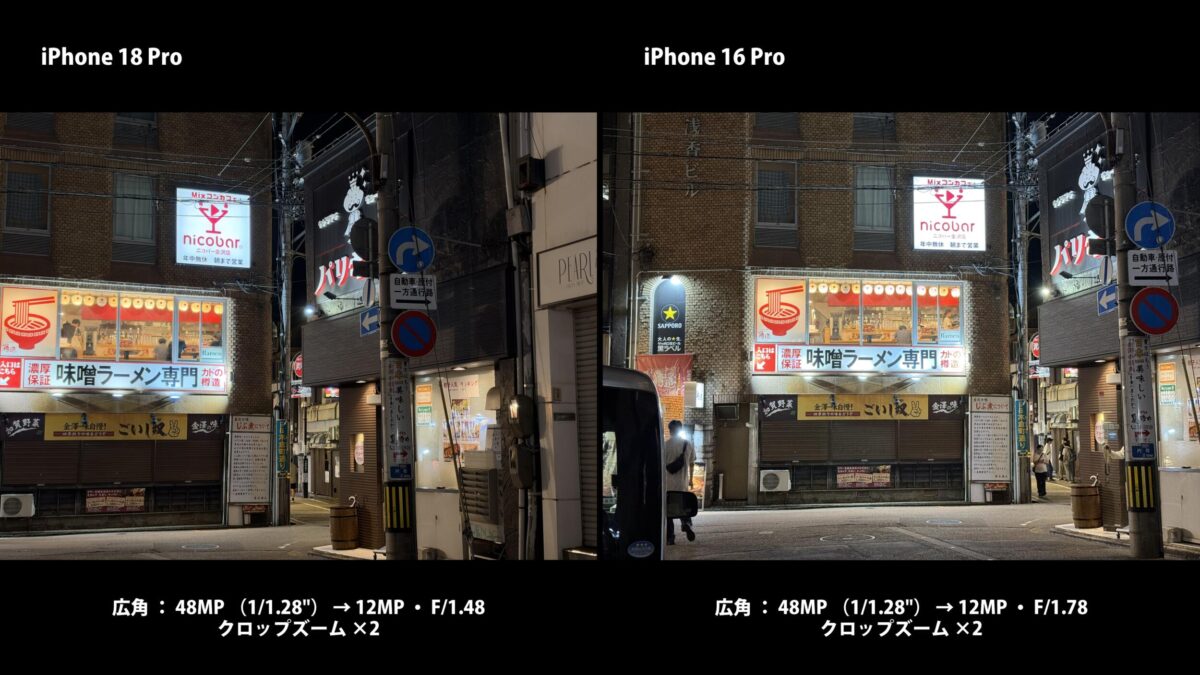 iPhone 18 Pro 夜景 広角 2倍 比較