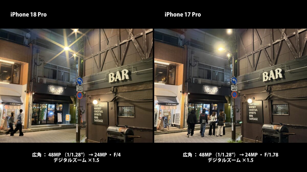 iPhone 18 Pro 作例 夜景 光条 F4 比較