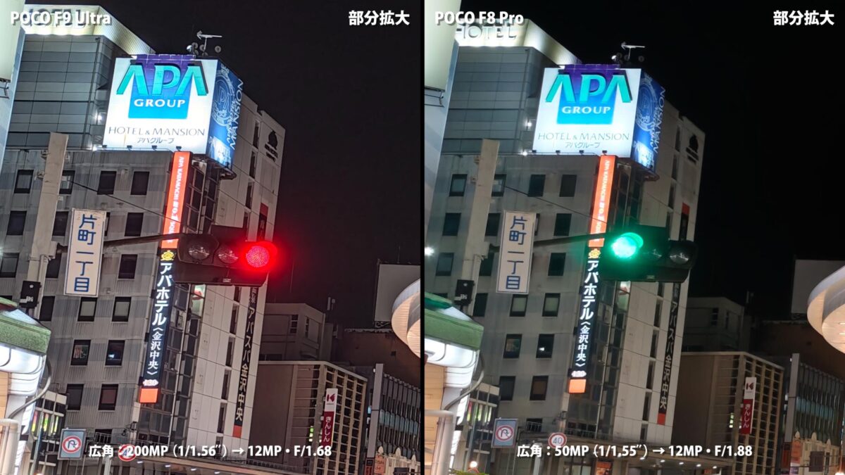 POCO F9 UltraとPOCO F8 Proのカメラ比較 夜景1倍の部分拡大