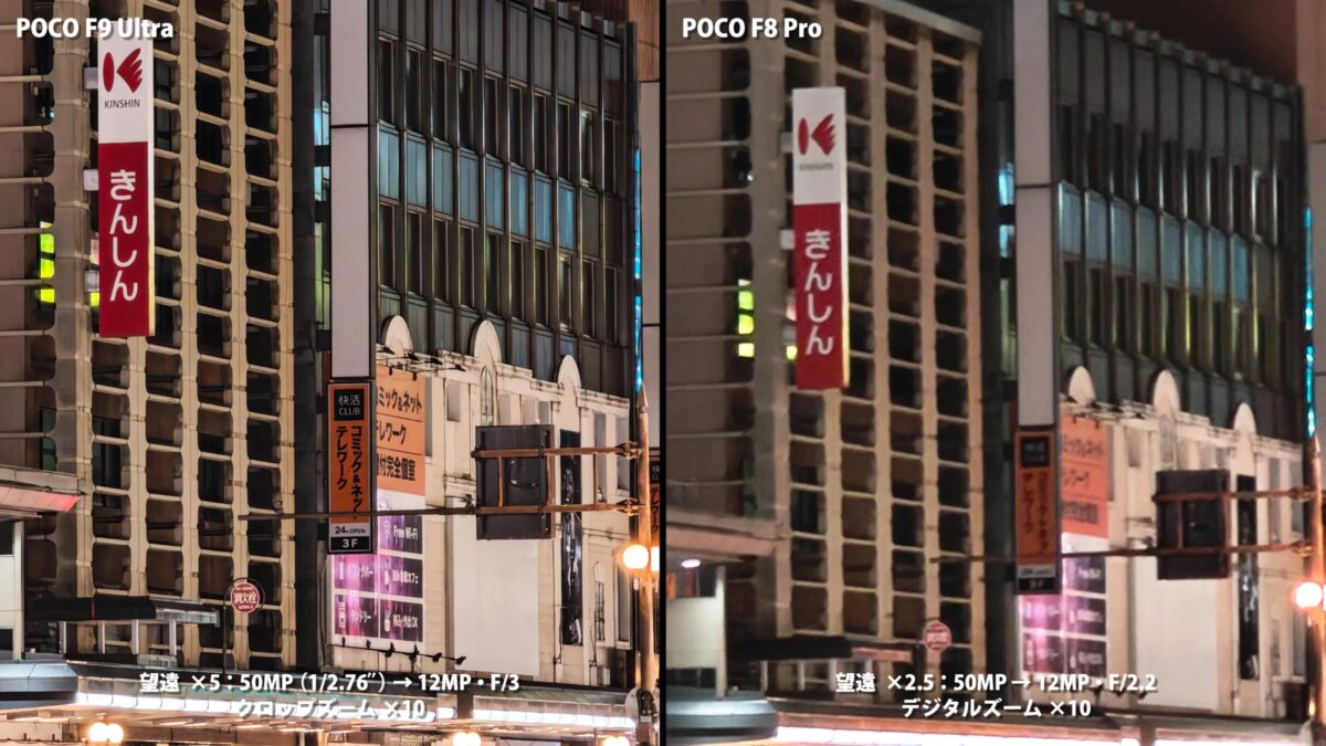 POCO F9 UltraとPOCO F8 Proのカメラ比較 夜の10倍ズーム