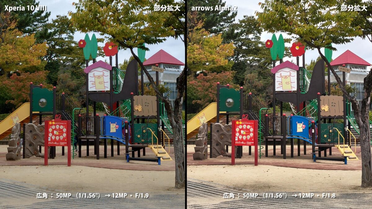 Xperia 10 VIII arrows Alpha2 広角カメラ 部分拡大 比較