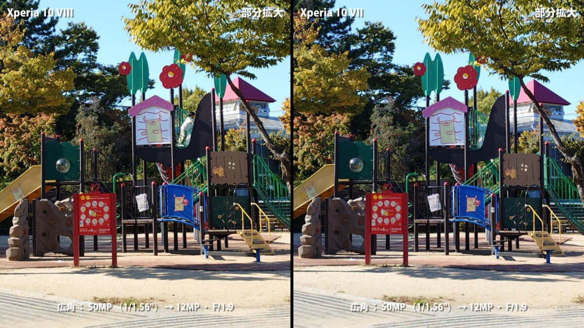 Xperia 10 VIII 作例 広角 公園 部分拡大 比較