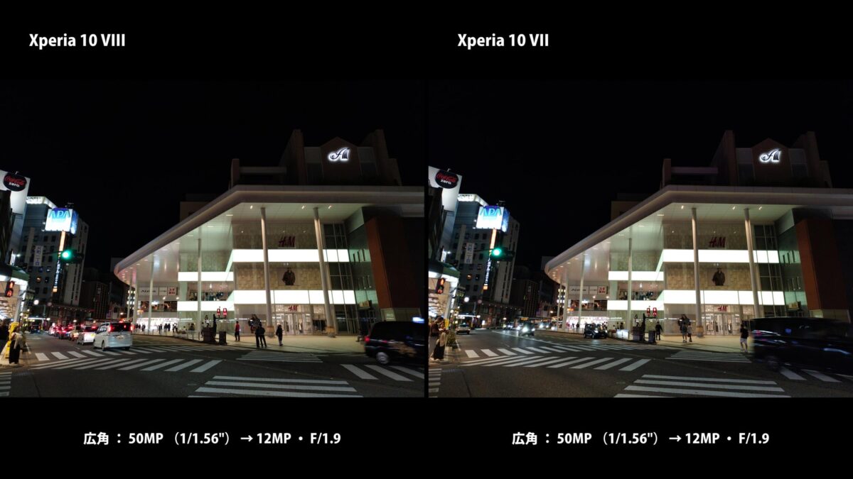 Xperia 10 VIII 作例 広角 夜景 駅前 比較