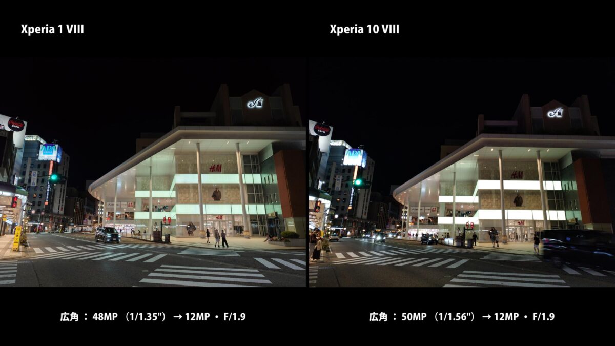 Xperia 1 VIII Xperia 10 VIII 夜景 広角 比較